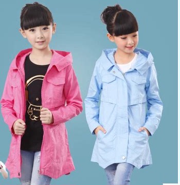 童装儿童2015春秋装新款中大女童纯棉连帽风衣韩版中长款大衣外套