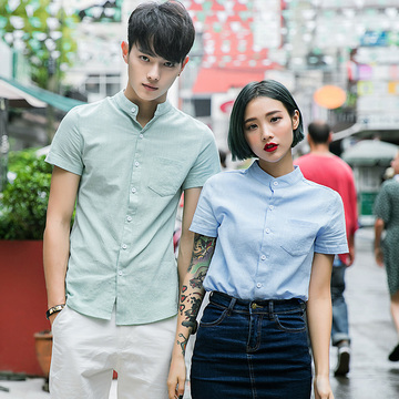 2016夏情侣装衬衫韩版修身棉麻短袖衬衫青少年男女日系学生衬衣潮