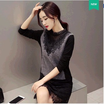 2015秋冬新款韩版修身蕾丝衫女长袖中长款加厚加绒打底衫小衫上衣