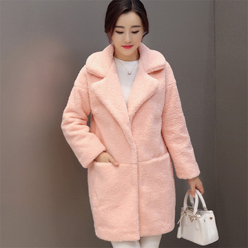 2015冬装新款韩版宽松显瘦羊羔毛呢子大衣女中长款加厚毛呢外套女