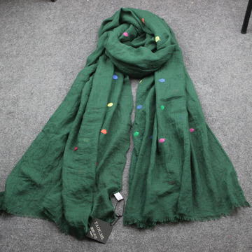 五彩点女士棉麻围巾披肩两用春秋冬新款波点墨绿色灰米色流苏围巾