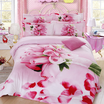 新品全棉磨毛四件套纯棉3D加厚床单婚庆1.8m床上用品大粉红色卡通
