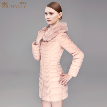 朗曼笛 新款冬装淑女纯色羽绒服女中长款修身 獭兔大毛领品牌外套