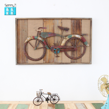 客厅铁艺装饰画沙发墙壁画做旧立体创意自行车美式乡村实木有框画
