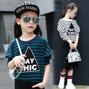 童装女童2016秋装新款韩版条纹蝙蝠衫长袖T恤小衫中大童儿童上衣