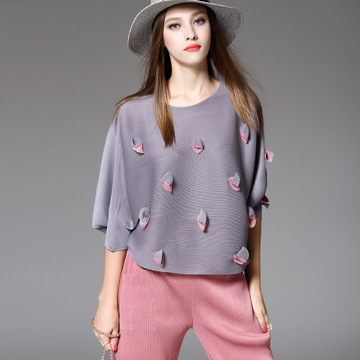 2016夏季新品女欧美大牌立体花朵蝙蝠袖压褶上衣套头衬衫
