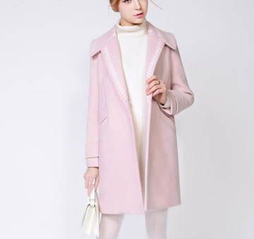 2015糖力冬装新品欧美粉色小香风刺绣中长款羊毛绒呢子外套大衣女