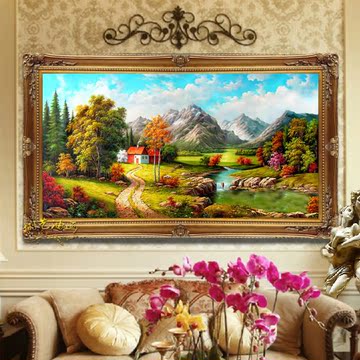 欧式油画手绘客厅装饰画有框高档山水风景玄关油画挂画壁画聚宝盆