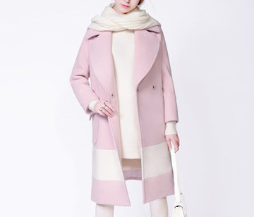2015欧洲站精品糖力冬装新款粉色拼接翻领长款羊毛呢子外套大衣女