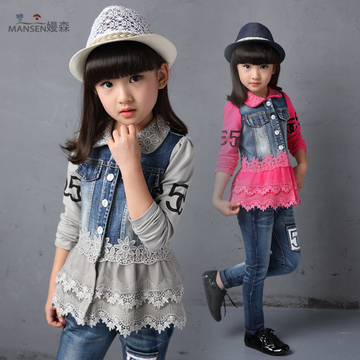 童装2015春秋新款套装女童牛仔休闲运动两件套韩版潮蕾丝拼接套装