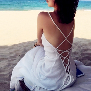 定制旅行性感露背绑带波西米亚无袖吊带拖地长裙海边度假沙滩裙