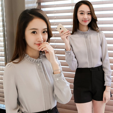 2016韩版秋季女士打底衫长袖修身衬衫荷叶边立领上衣