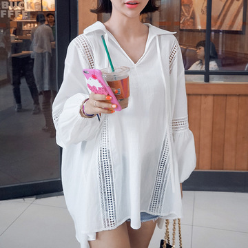 2015女装秋季新品纯色宽松大码拼接镂空蕾丝灯笼袖衬衫