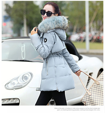 韩版休闲羽绒服女士中长款加厚加绒连帽修身显瘦棉袄大衣冬装外套