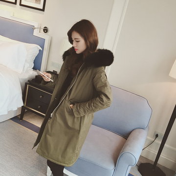 2015冬季新款韩版真狐狸毛长款工装棉大衣时尚气质保暖棉服外套女