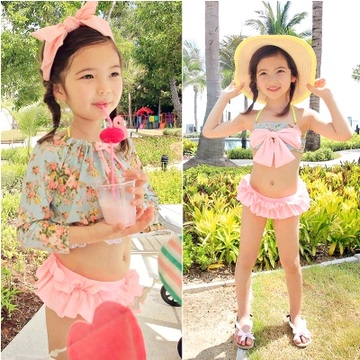 韩国童装 2015夏季新款女童田园小花游泳衣儿童分体游泳衣套装