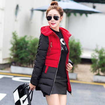 冬新品韩版中长款棉衣女修身显瘦拼色大码加厚款棉服连帽保暖外套