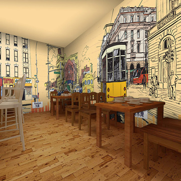 3D涂鸦复古建筑主题壁纸餐厅咖啡奶茶店港式文化墙纸大型壁画自粘