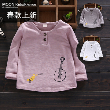 韩版春季新款童装男女宝宝卡通小鸟提琴T恤婴儿小童圆领打底衫