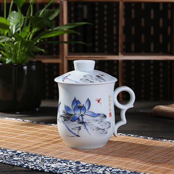 茶杯陶瓷杯带盖过滤泡茶杯茶水分离青花骨瓷水杯办公室喝茶杯