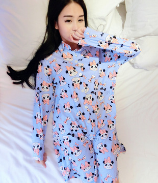 2016新款韩版休闲可爱卡通熊猫纯棉长袖睡裙秋季女款睡衣家居服
