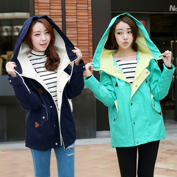 2015秋季新款学生韩版中长款拼接显瘦休闲宽松连帽工装风衣外套女