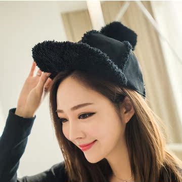 韩国现货冬季新款时尚俏皮羊羔毛棒球帽兔毛球保暖平沿帽子女韩版