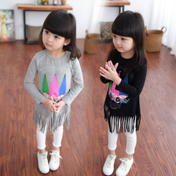 童装女童2015秋装新款韩版卡通儿童宝宝长袖流苏T恤衫上衣卫衣裙