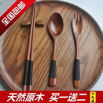 包邮木质环保筷子便携木制餐具套装旅游木勺子三件套送日式布袋盒