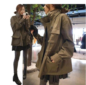 韩国2015秋装女式韩版学生大码中长款长袖休闲风衣工装外套