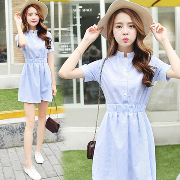 韩国代购2015夏季新款女装纯棉麻小清新修身显瘦中长款甜美连衣裙