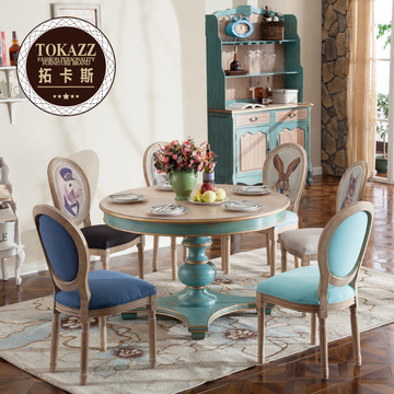 美式乡村餐桌椅组合 6人饭桌大户型复古做旧圆桌家用吃饭实木桌子