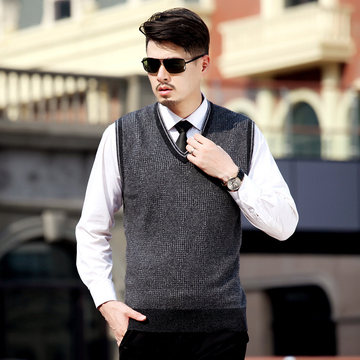 2015冬季新款男士羊绒衫百搭纯色修身V领背心商务男士套头背心