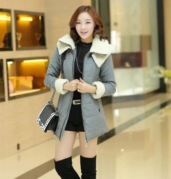2015年冬季新韩版羊羔毛双层领修身加厚棉衣毛呢中长款棉服女外套
