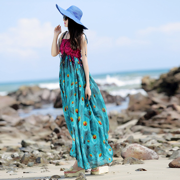夏新款女装中国风长裙波西米亚印花显瘦连衣裙抹胸吊带沙滩度假裙