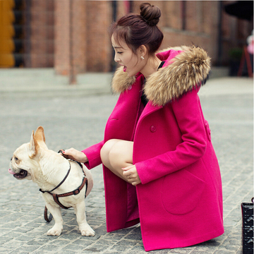 2015秋冬季新款韩版中长款女装显瘦貉子毛领羊毛呢大衣毛呢外套女