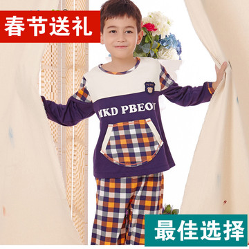 2015秋季新款儿童家居服套头格子睡衣8岁男孩纯棉长袖套装包邮