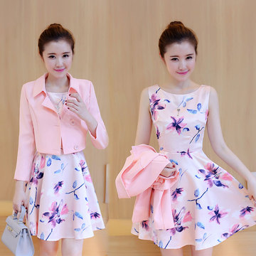 套装裙2016春秋装韩版雪纺印花修身粉色外套两件套连衣裙女中长款