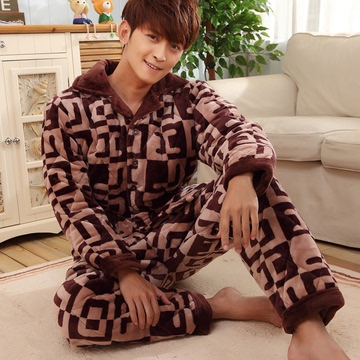 2015新款冬季夹棉加厚家居服男士男装睡衣法兰绒珊瑚绒保暖套装