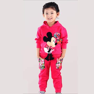 童装女童秋装2015新款韩版卡通休闲儿童宝宝套装宝宝玫红色两件套