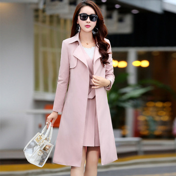 2016秋装新款女式外套长袖两件套系带韩版修身中长款风衣女x1205