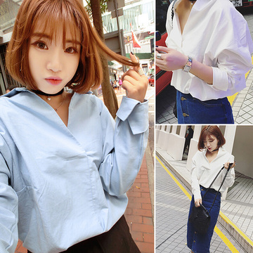 韩版时尚v领长袖白衬衫女宽松打底外穿衬衣上衣2016夏装新款9396