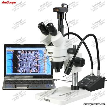 AmScope 7X-45X连续变焦三目体视显微镜+1.3MP相机与LED双鹅颈灯