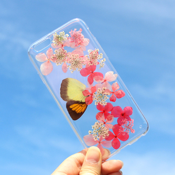 干花永生花创意个性手机壳iPhone7苹果6splus透明防摔壳鲜花蝴蝶
