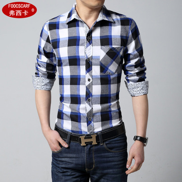 2015新款春秋男士长袖衬衫青年韩版修身纯棉格子型男装加大码衬衣