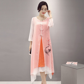 棉麻两件套长裙夏季新品韩版复古文艺中国风亚麻中长款女士连衣裙