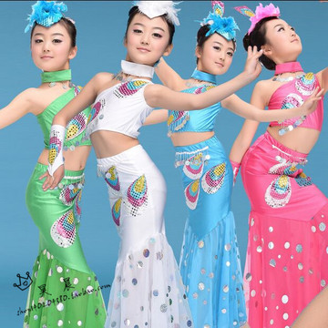 儿童演出服女孩孔雀舞蹈服民族少儿傣族葫芦丝表演服装连衣裙长裙
