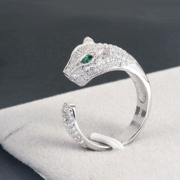 豹头戒指925纯银男士纯银开口戒指女戒指环欧美镶钻18k金个性指环