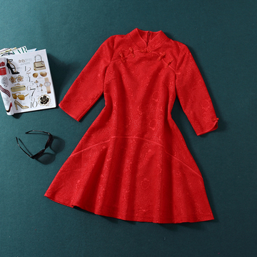 欧美2015秋新款女红色立领盘花扣中袖提花收腰修身蓬蓬旗袍连衣裙