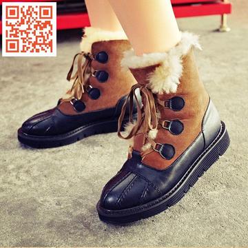 明星同款2015秋冬季韩版平底女士雪地靴 真皮短靴手工拼色单靴